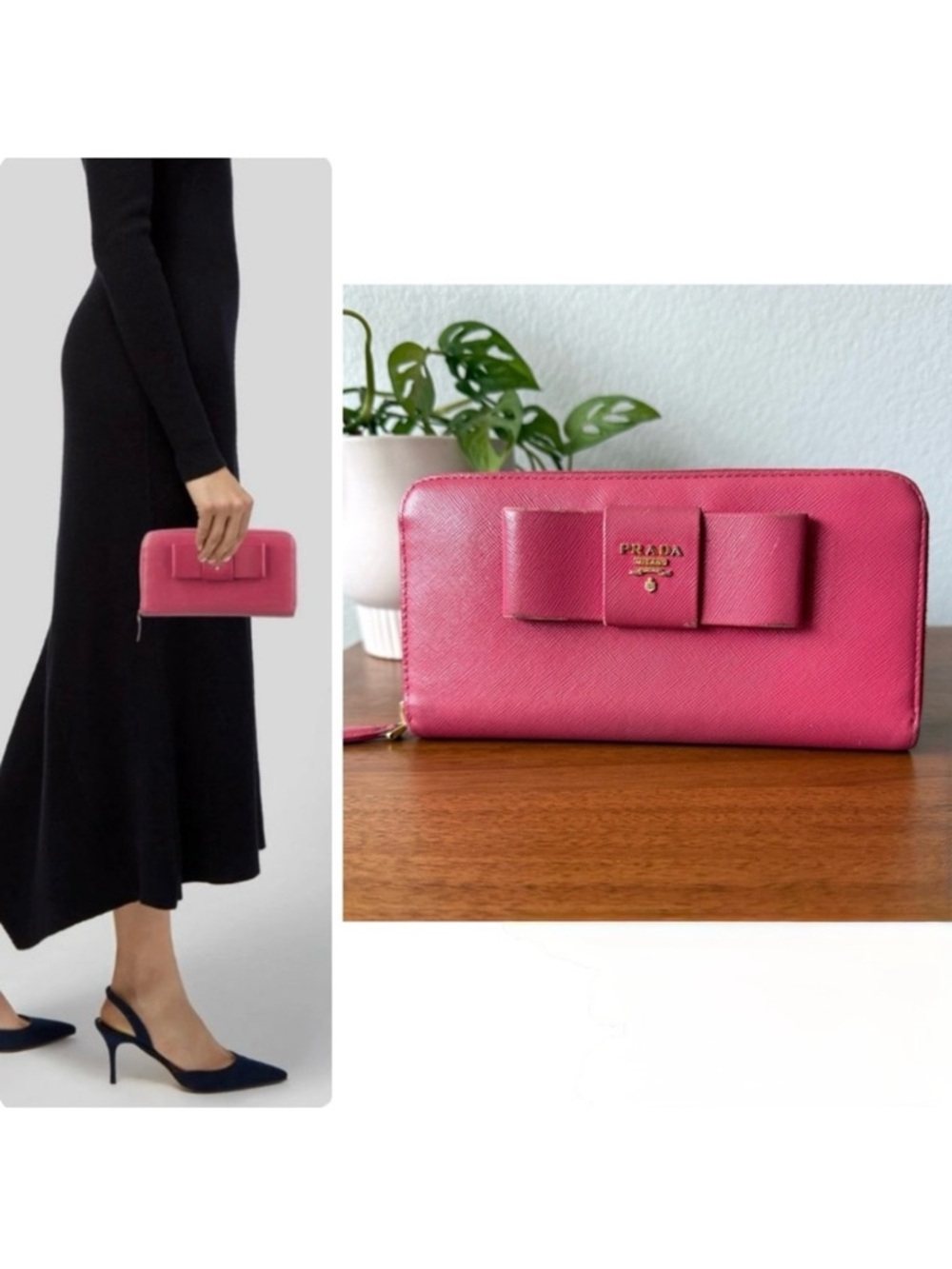 Prada Pink Saffiano Leather Continental Bow Long Zippy Wallet Zip Around Magenta